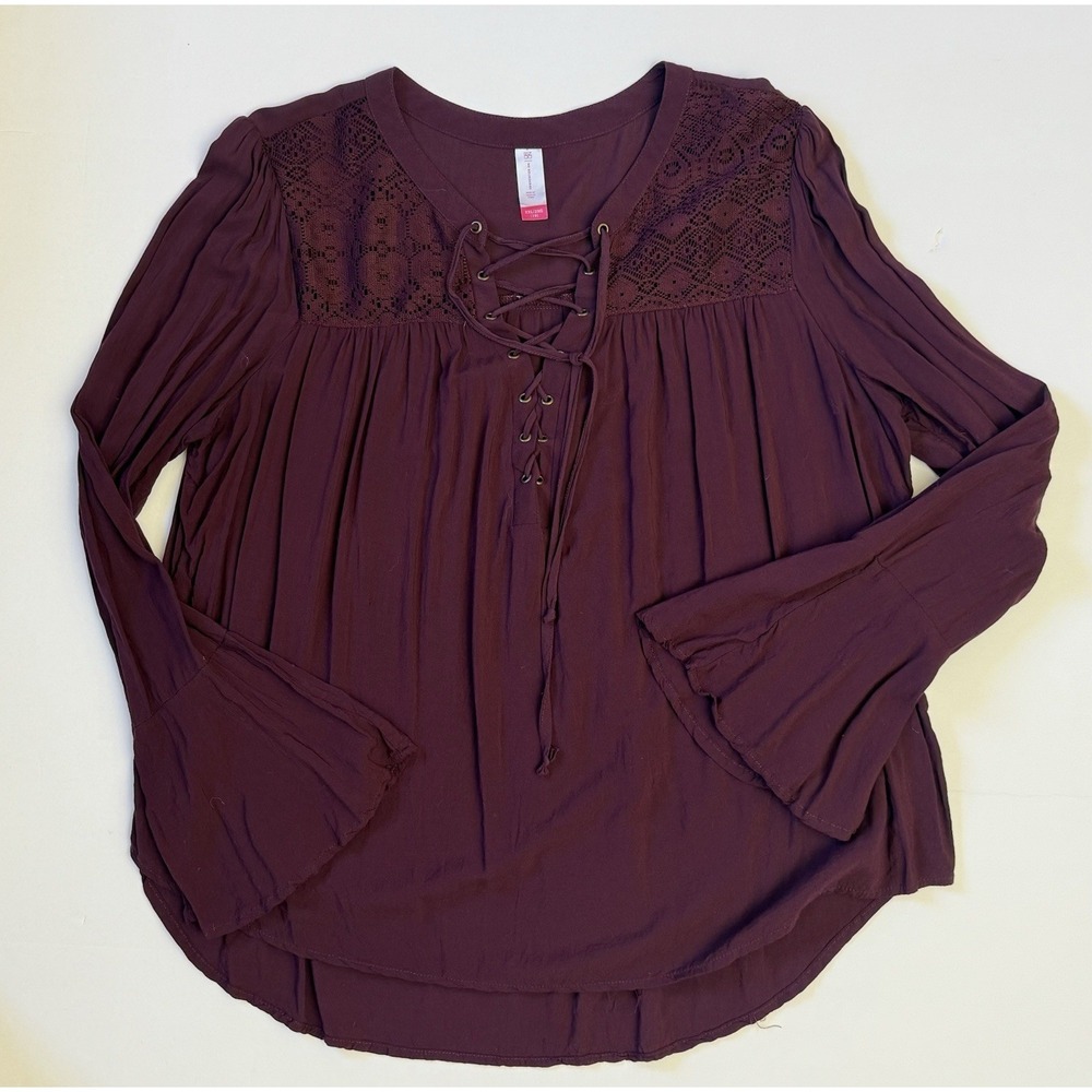 No Boundaries Dark Purple Lace Up Crochet Peasant Blouse XXL Boho